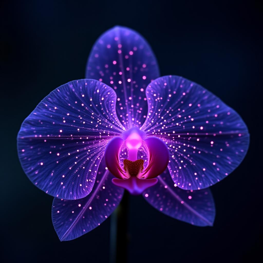 Neural network visualization superimposed over a blooming orchid