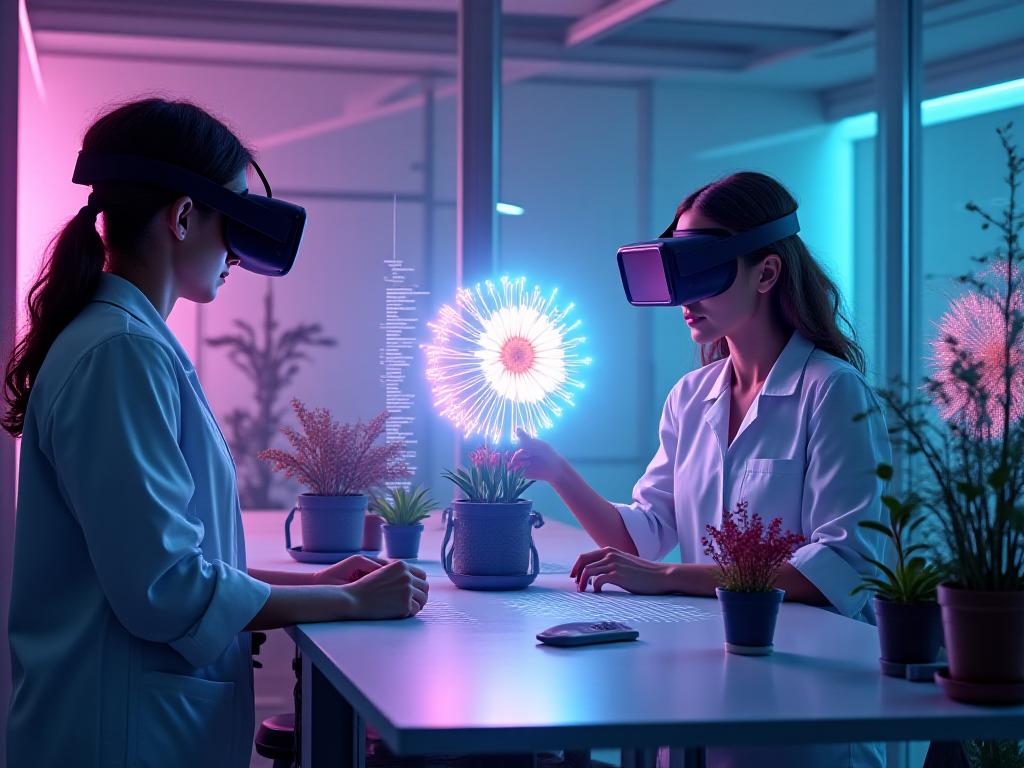 Scientists and engineers collaborating in a high-tech floral lab